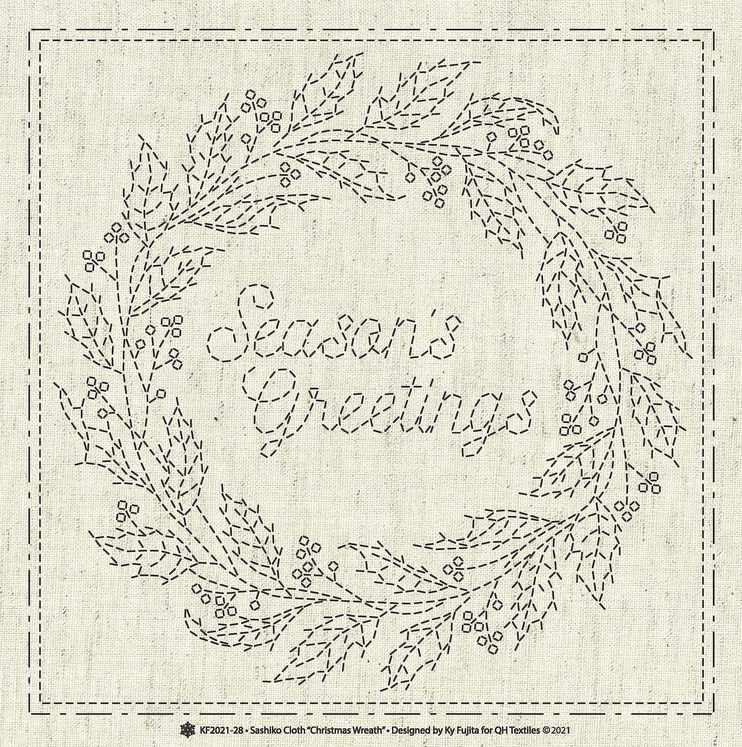 Sashiko "Seasons Greetings" Christmas wreath panel