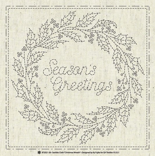 Sashiko "Seasons Greetings" Christmas wreath panel